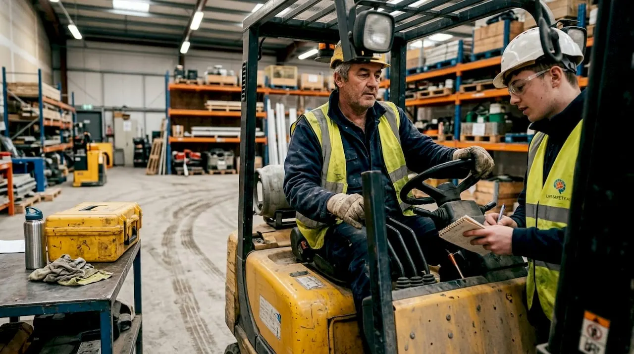Operator training apprentice on forklift safety