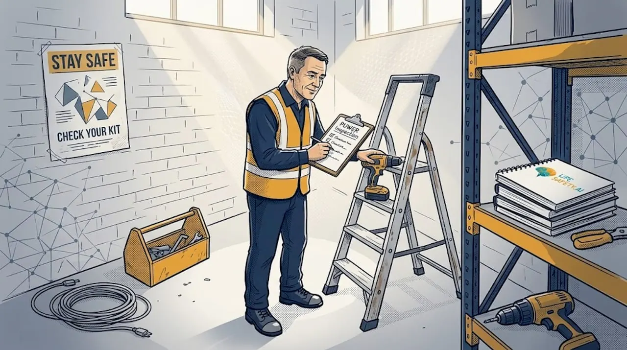 Supervisor inspecting equipment with checklist in warehouse