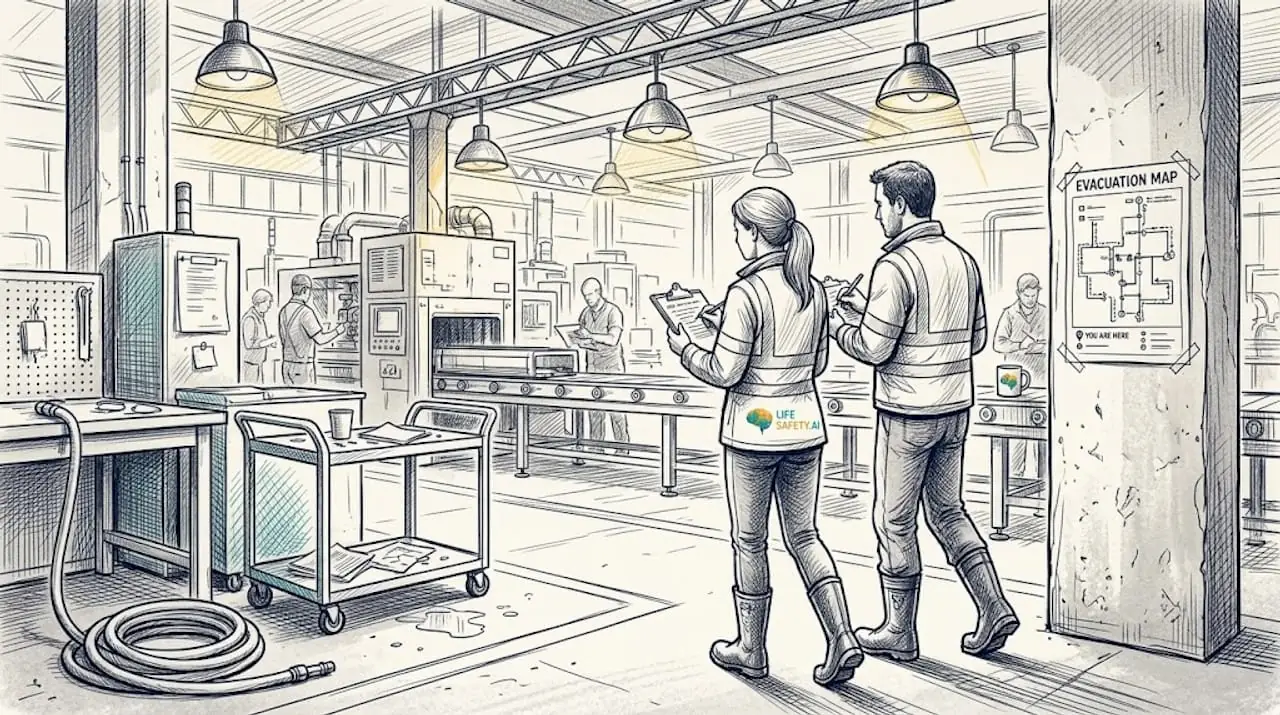 Inspectors walking through busy factory floor
