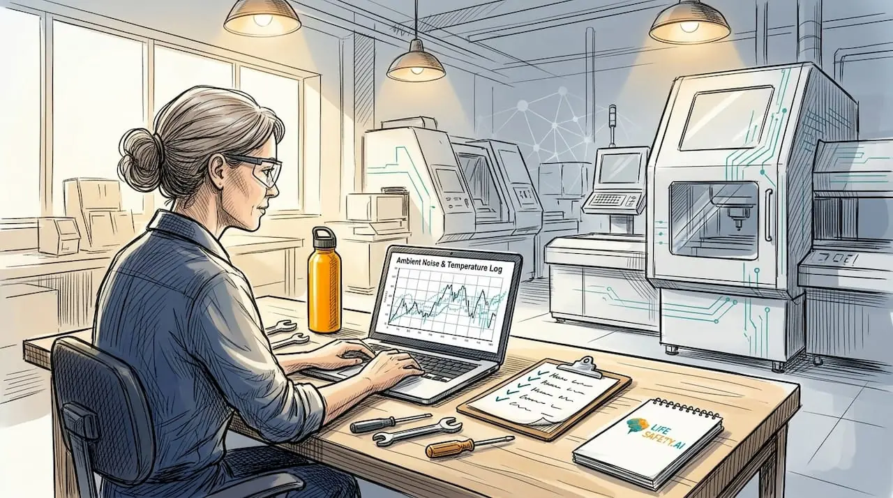 Operator monitoring equipment safety data in busy factory