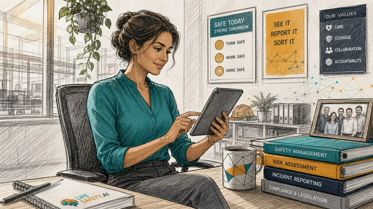 Safety officer scrolling mobile safety report tablet