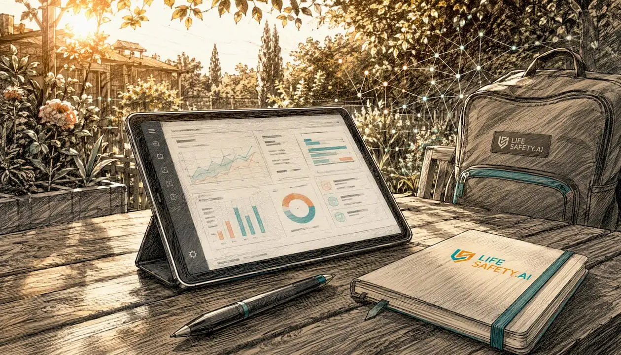Close-up of safety software tablet with abstract dashboard